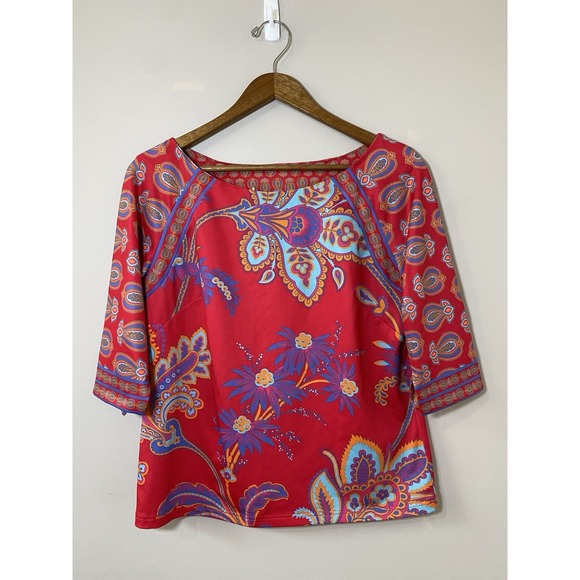 Gretchen Scott Designs Tops - Gretchen Scott Top Women's SMALL Red Paisley Floral 3/4 Sleeve Boatneck Blouse
